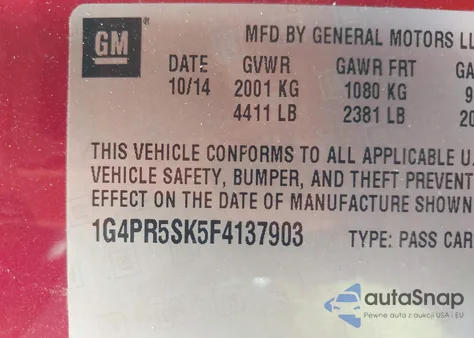 2015 Buick Verano Convenience Group from USA, damaged, VIN 1G4PR5SK5F4137903